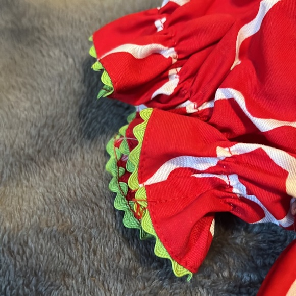 Hand Smocked Silly Goose Red Lady Bug Dress with Green liner on sleeves & bottom - Picture 3 of 3